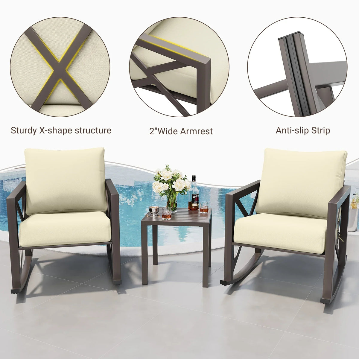 2026 NEW MRUAKA Rocking Chair Bistro Set,3 Piece Outdoor Patio Furniture Set with 2 Rockers and 1 Metal Coffee Table with Thick Cushions for Porch,Backyard,Poolside,Beige
