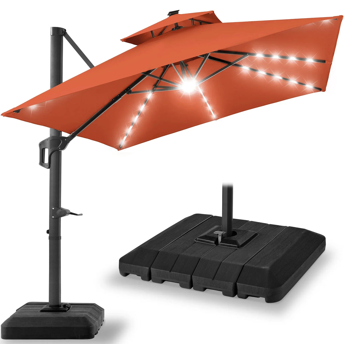2026 NEW Best Choice Products 10x10ft 2-Tier Square Outdoor Solar LED Cantilever Patio Umbrella w/ Base Included - Tan