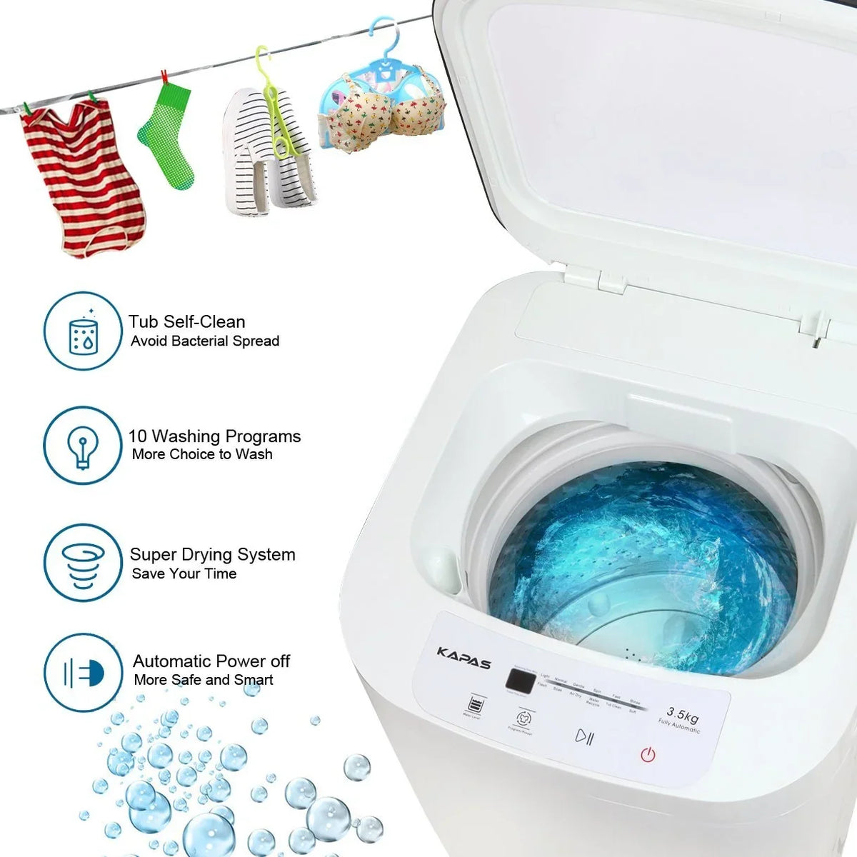 2026 NEW Compact Washing Machine, KAPAS Fully Automatic 2-in-1 Washer & Dryer Machine with 8 lbs. Capacity Top Load Tub Washer in White