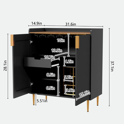 2026 NEW CBJCBJ 32" Wine Bar Cabinet with 2 Door Fluted Texture, Modern Coffee Cabinet with Rack&Glass Holder, Black