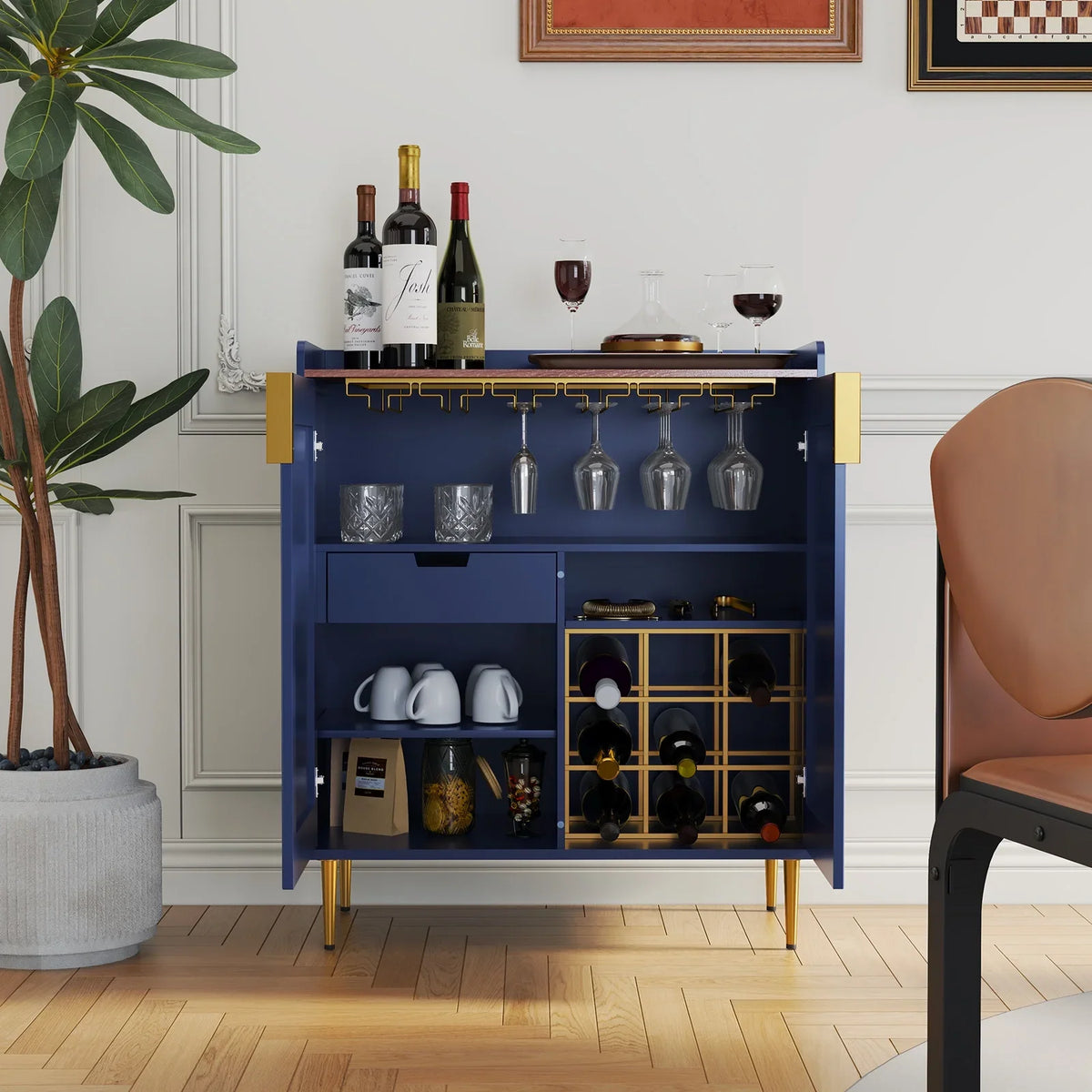 2026 NEW CBJCBJ 32" Wine Bar Cabinet with 2 Door Fluted Texture, Modern Coffee Cabinet with Rack&Glass Holder, Black
