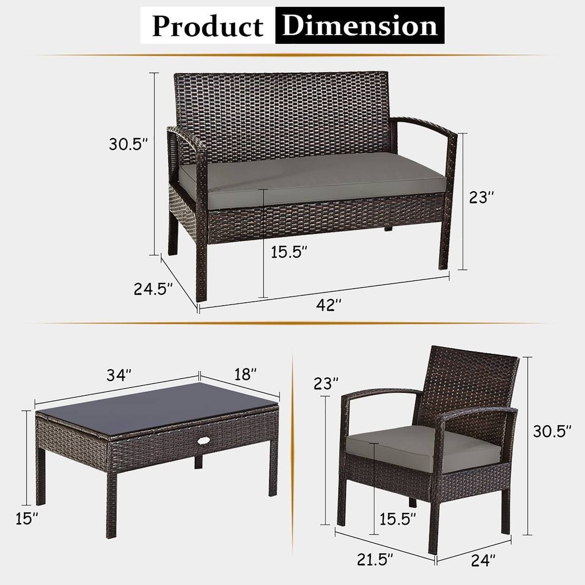 2026 NEW Costway 4pcs Patio Rattan Wicker Furniture Set Loveseat Sofa Cushioned Garden Yard