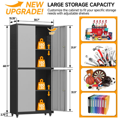 2026 NEW Metal Storage Cabinet with Wheels,Rolling Tool Cabinet with Doors and Adjustable Shelves,Heavy Duty Garage Storage Cabinet