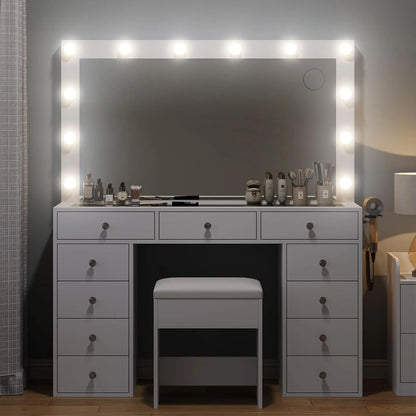 2026 NEW White Vanity Desk with Illuminated Mirror & Power Outlet, 11 Drawers Vanity Table with Chair, Makeup Vanity with 12 LED Lights, Tempered Glass Top, Dressing Table for Bedroom,Dressing Room