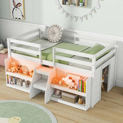 Kids Twin Size Loft Bed with LED Lights, Stairs & Safety Guardrail, Storage Bookcase and Under-bed Play Space