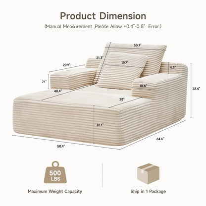 2026 NEW 65" Corduroy Cloud Sleeper Chaise Lounge Chair, No Assembly Sofa Bed with Pillows, Beige