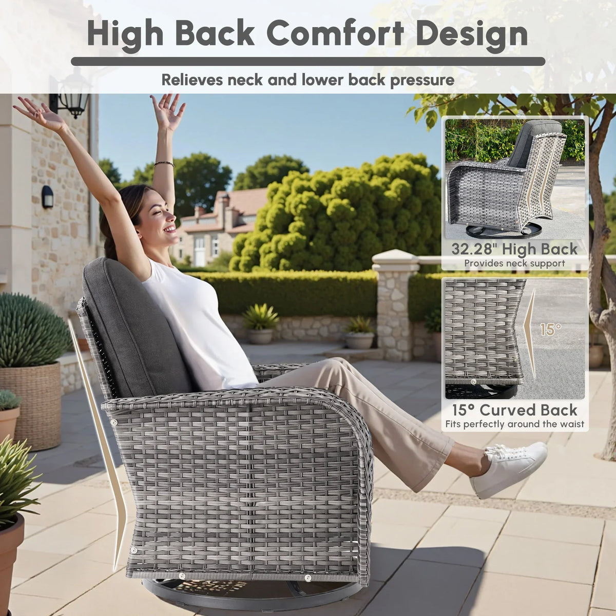 2026 NEW Ovios 5 Pieces Outdoor Patio Furniture Set High Back All Weather Wicker Conversation Set with Swivel Chairs & Coffee Table, Dark Gray