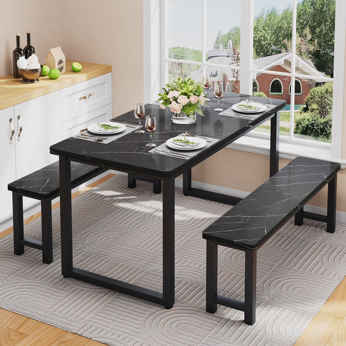 2026 NEW PORKISS Kitchen Table with 2 Benches, 3 Piece Dining Table Set, Dining Table with Faux Marble Table Top, Metal Frame, Black#