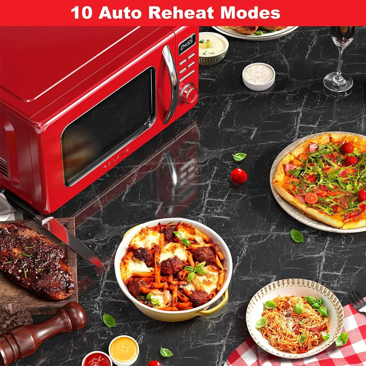 2026 NEW Galanz Retro Countertop Microwave Oven with Auto Cook & Reheat, Defrost, Quick Start Functions, Easy Clean with Glass Turntable, Pull Handle, .9 cu ft, Black