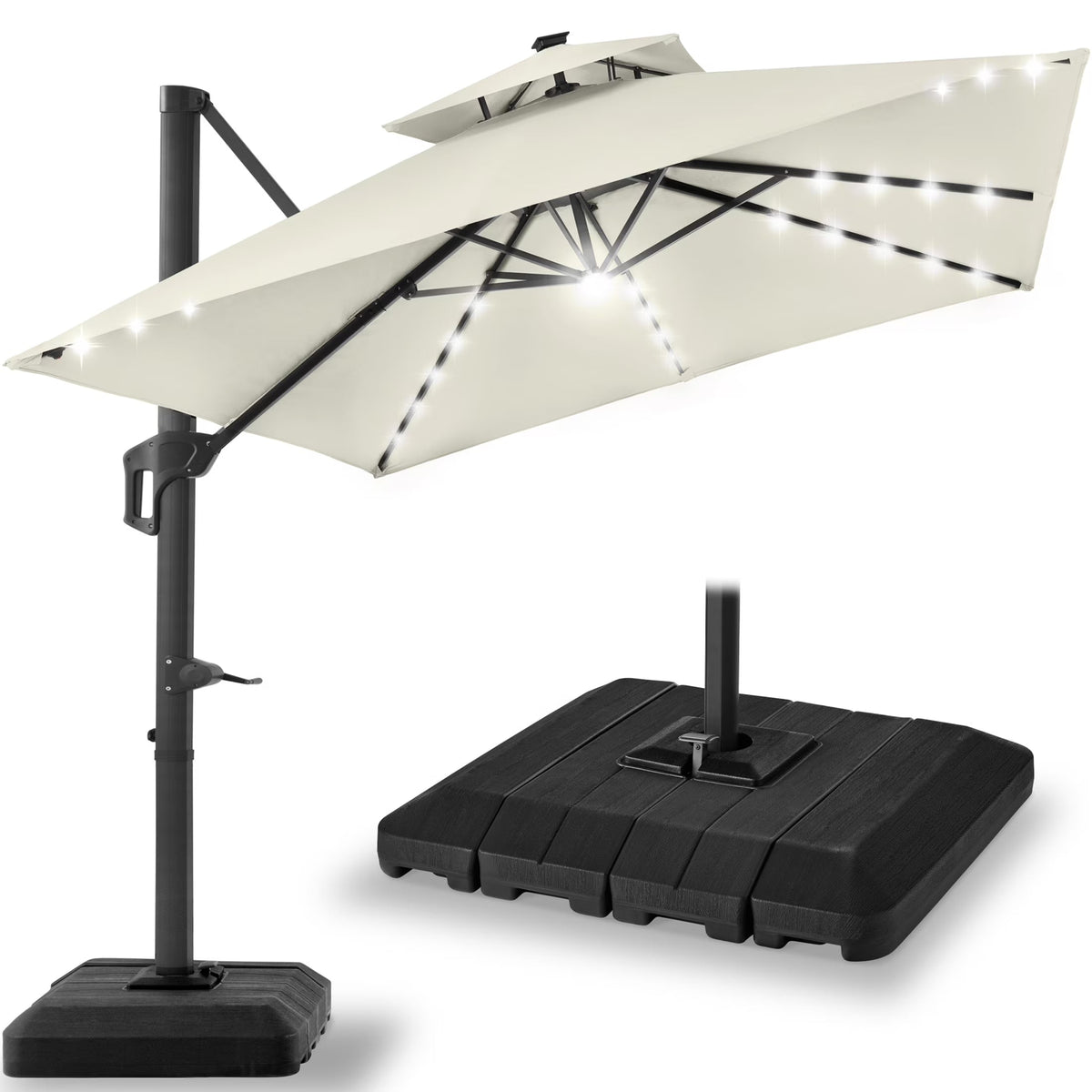 2026 NEW Best Choice Products 10x10ft 2-Tier Square Outdoor Solar LED Cantilever Patio Umbrella w/ Base Included - Tan
