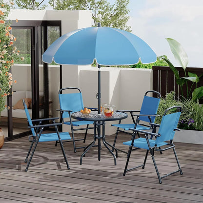 2026 NEW 6 Pieces Outdoor Dining Set With Umbrella, Patio Table and 4 Folding Chairs With Umbrella, Garden Patio Furniture Set With Umbrellas, Tempered Glass Top Dining Table