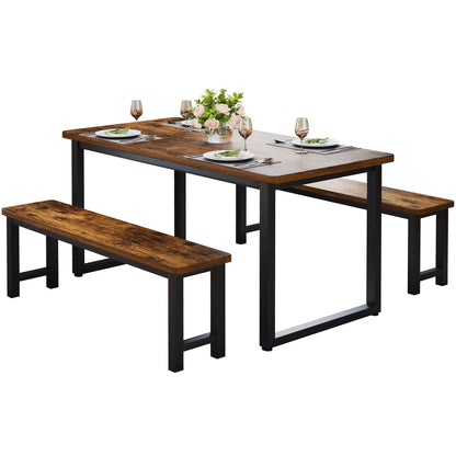 2026 NEW PORKISS Kitchen Table with 2 Benches, 3 Piece Dining Table Set, Dining Table with Faux Marble Table Top, Metal Frame, Black#