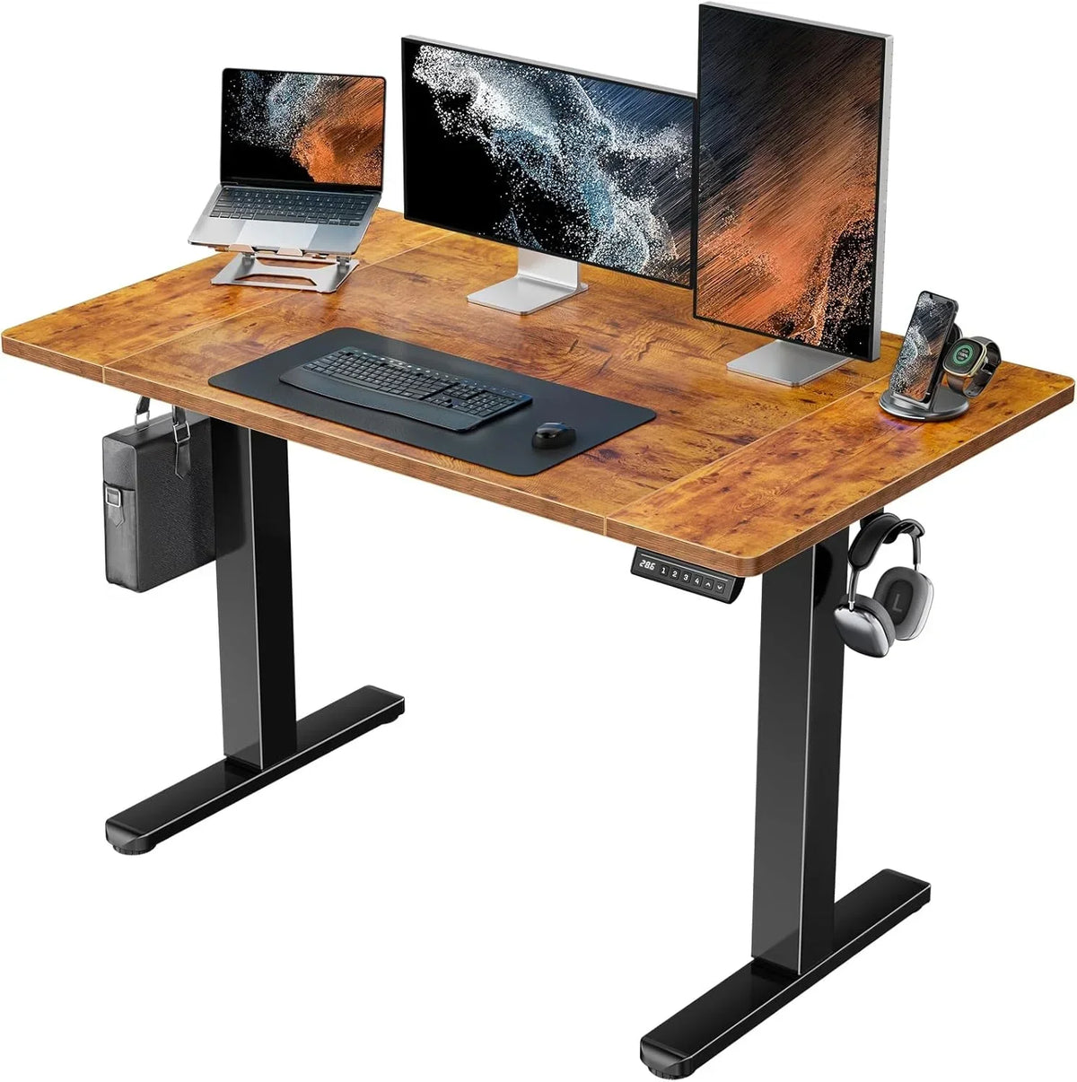 2026 NEW UANUO 48 x 24 inch Electric Standing Desk, Height Adjustable Table with Headphone Hooks & Cable Manager, Sit to Stand up Desk for Home Office, Vintage Brown