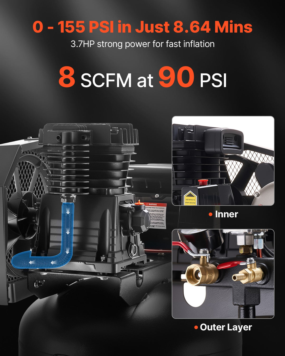 2026 NEW VEVOR 60 Gallons Heavy-Duty Air Compressor, 3.7HP 8 SCFM at 90PSI Air Compressors Max 155PSI Pressure, Oil-Lubricated Compressor Tank(230V 60Hz, No-Plug)