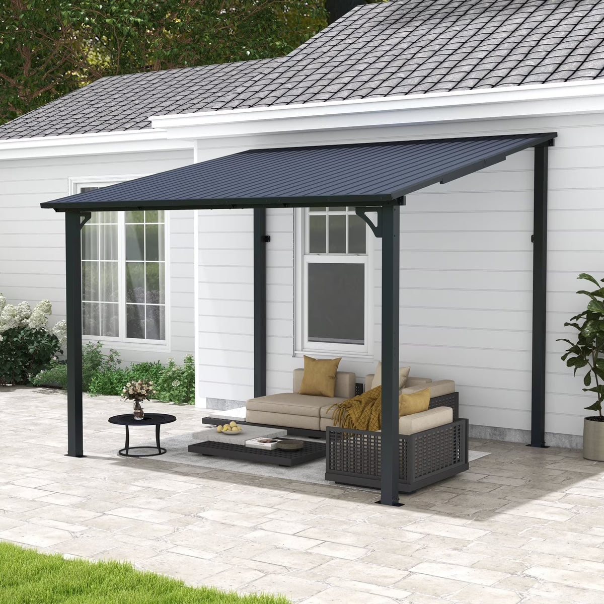 2026 NEW 8' x 10' Outdoor Pergola Gazebo, Lean to Awnings Gazebos, Heavy Duty Hard Top Metal Pergola with Roof, for Patio, Backyard, Decks, Poolside