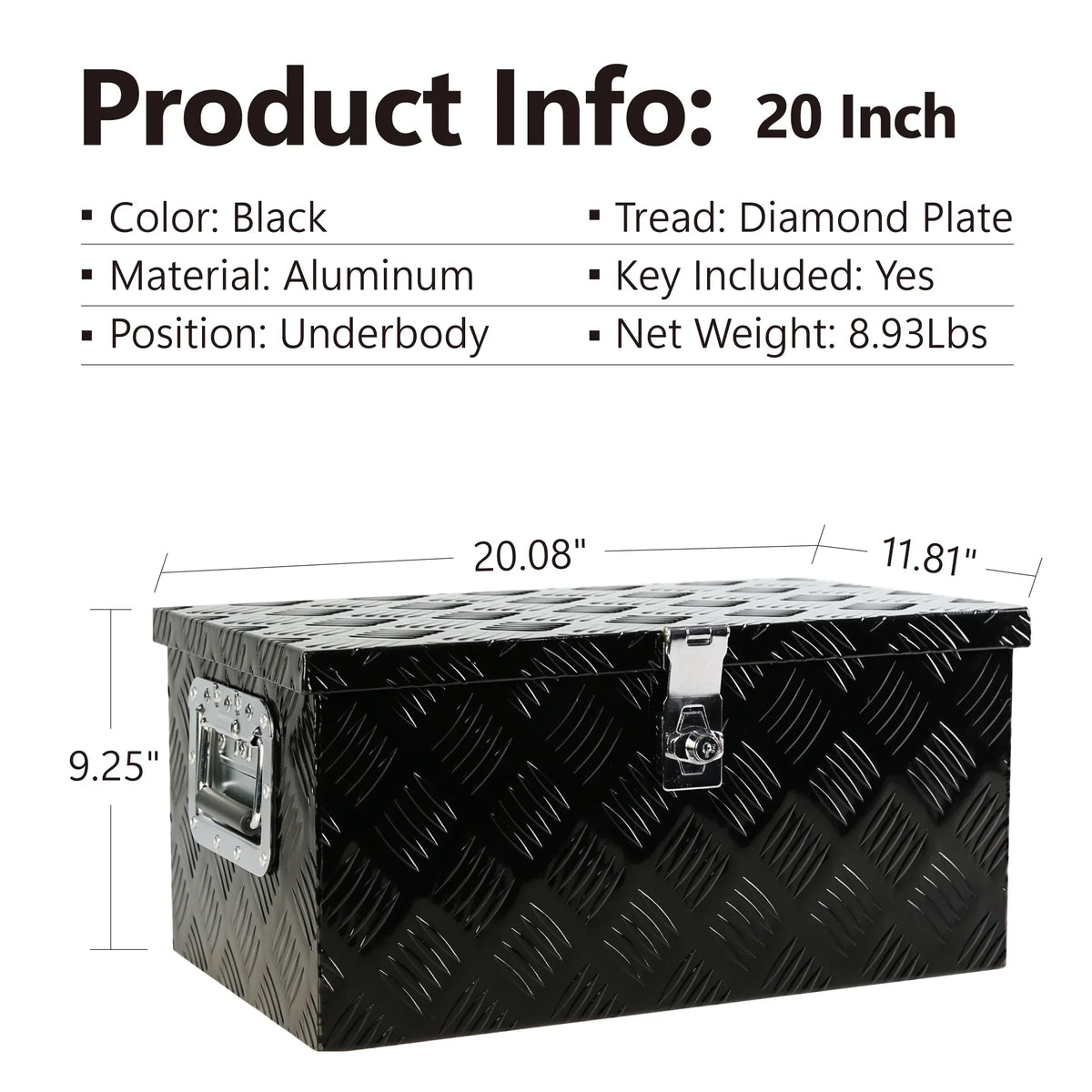 2026 NEW 20'' Metal Truck Tool Box, Aluminum Tool Box Storage Organizer for Truck Bed Trailer Pickup ATV, Lockable Tools Underbody Organizer W/Side Handle