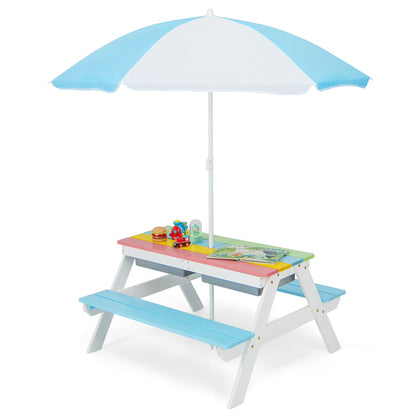 2026 NEW Costway 3-in-1 Kids Picnic Table Wooden Outdoor Sand & Water Table with Umbrella Play Boxes Green