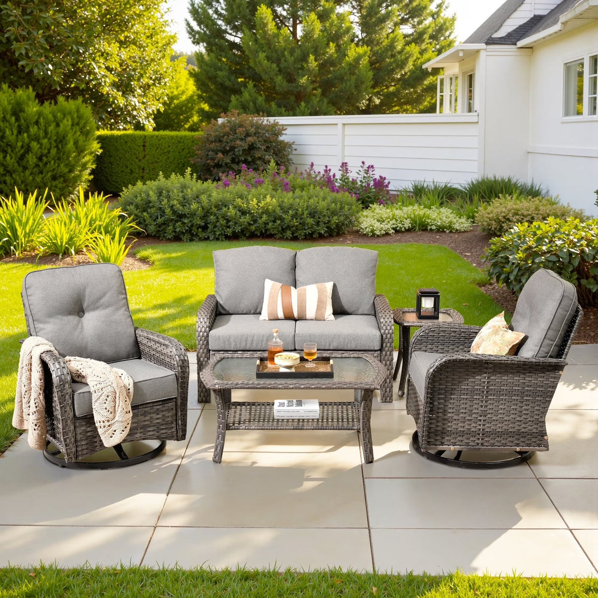 2026 NEW Ovios 5 Pieces Outdoor Patio Furniture Set High Back All Weather Wicker Conversation Set with Swivel Chairs & Coffee Table, Dark Gray