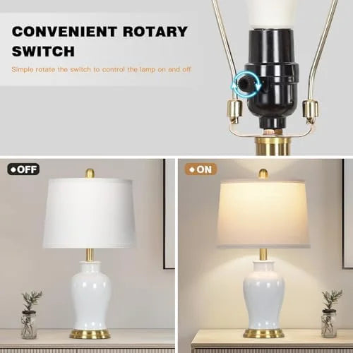 2026 NEW Modern Ceramic Table Lamps Set of 2, 23" White Ceramic Lamps for Living Room, Rustic Farmhouse Bedside Lamp with Ginger Jar Design, Elegant Bedroom Lamp for Nightstand Desk Side End Table Home Decor