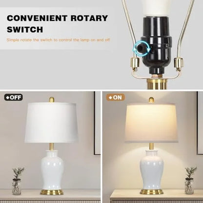 2026 NEW Modern Ceramic Table Lamps Set of 2, 23" White Ceramic Lamps for Living Room, Rustic Farmhouse Bedside Lamp with Ginger Jar Design, Elegant Bedroom Lamp for Nightstand Desk Side End Table Home Decor