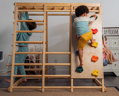 2026 NEW Avenlur Indoor Toddler and Child Indoor Gym Playground Climber - Real Wooden Playset 6-in-1 Slide, Rock Climb Wall, Rope Wall Climbing, Monkey Bars, Swing, Ladder Fun Gym for Children