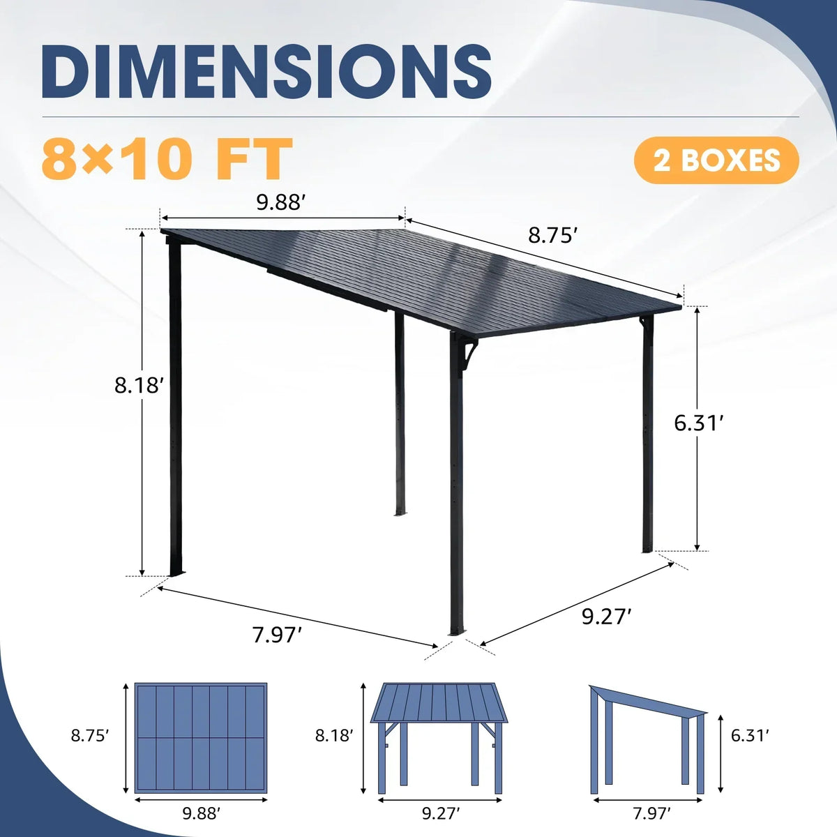 2026 NEW 8' x 10' Outdoor Pergola Gazebo, Lean to Awnings Gazebos, Heavy Duty Hard Top Metal Pergola with Roof, for Patio, Backyard, Decks, Poolside
