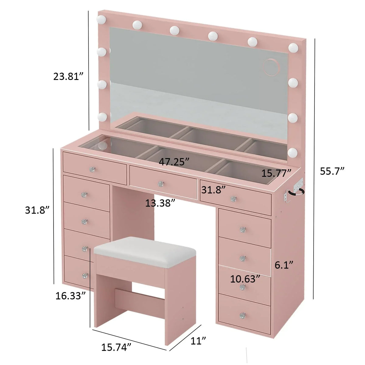 2026 NEW White Vanity Desk with Illuminated Mirror & Power Outlet, 11 Drawers Vanity Table with Chair, Makeup Vanity with 12 LED Lights, Tempered Glass Top, Dressing Table for Bedroom,Dressing Room