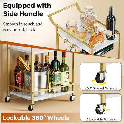 2026 NEW 3 Tier Bar Cart, Mini Liquor Utility Cart for Wine Beverage Dinner Party, Rolling Wine Coffee Drink Serving Cart with Lockable Wheels for Home Kitchen