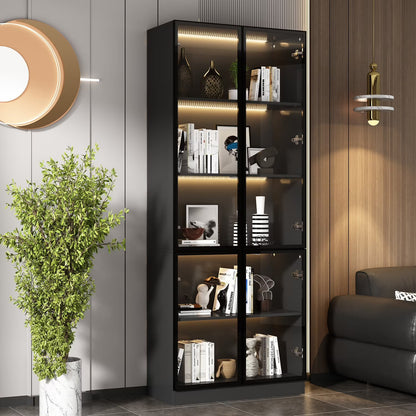 2026 NEW KULAGAGA Bookcases Organizer with LED Lights, Heavy Duty Display Cabinet with Glass Door for Living Room, 31.5" Wide