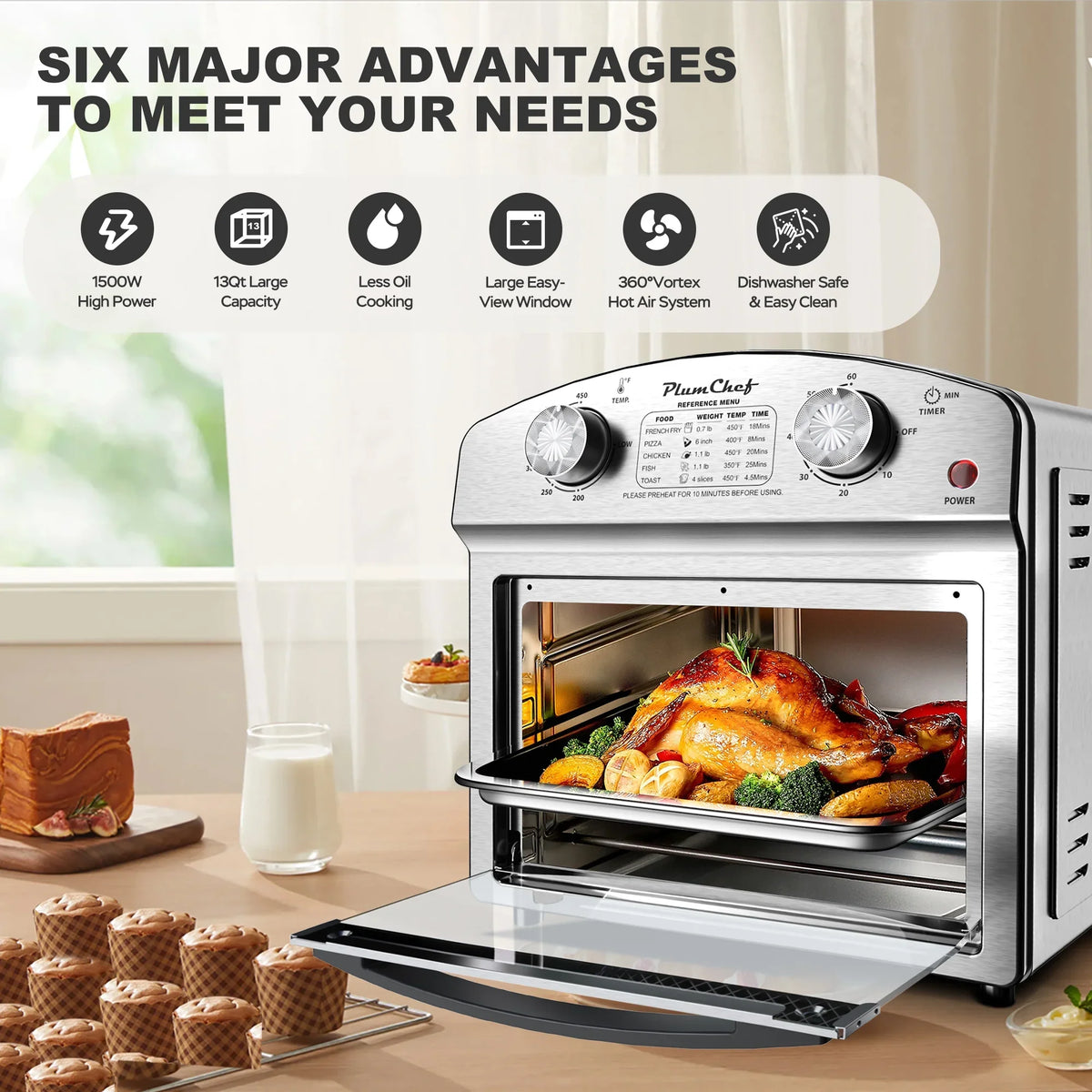 2026 NEW PlumChef 13 Quart 4 Slices Air Fryer Convection Toaster Oven, 1500W, 7 in 1 Multifunction with Roast, Bake, Grill, Broil, Toast, Dehydrate, Defrost