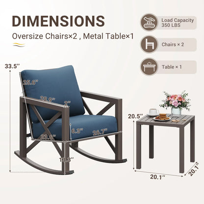 2026 NEW MRUAKA Rocking Chair Bistro Set,3 Piece Outdoor Patio Furniture Set with 2 Rockers and 1 Metal Coffee Table with Thick Cushions for Porch,Backyard,Poolside,Beige