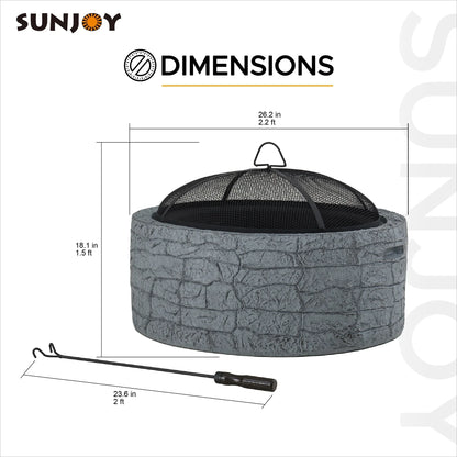 2026 NEW Sunjoy Stone Fire Pit 26 Inch, Outdoor Round Wood Burning Fire Pits with Spark Screen and Poker Grey
