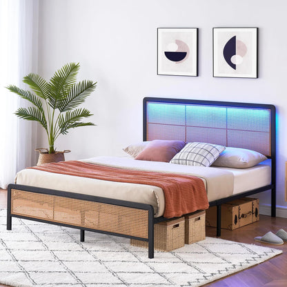 2026 NEW Platform Bed Frame with Natural Rattan Headboard Modern Cane Bed Frames with Heavy Duty Sturdy Steel Slat Support No Box Spring Needed Easy Assembly