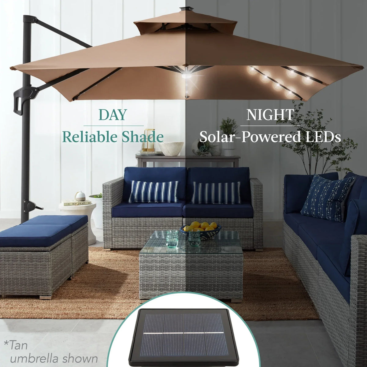 2026 NEW Best Choice Products 10x10ft 2-Tier Square Outdoor Solar LED Cantilever Patio Umbrella w/ Base Included - Tan