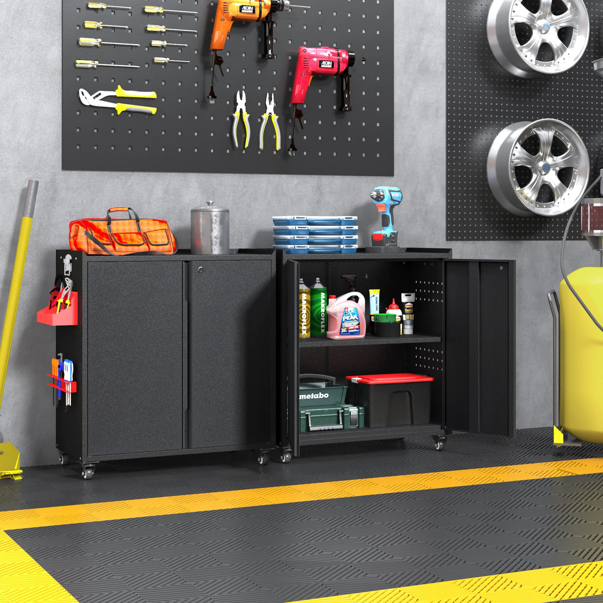 2026 NEW Metal Storage Cabinet with Wheels,Rolling Tool Cabinet with Doors and Adjustable Shelves,Heavy Duty Garage Storage Cabinet