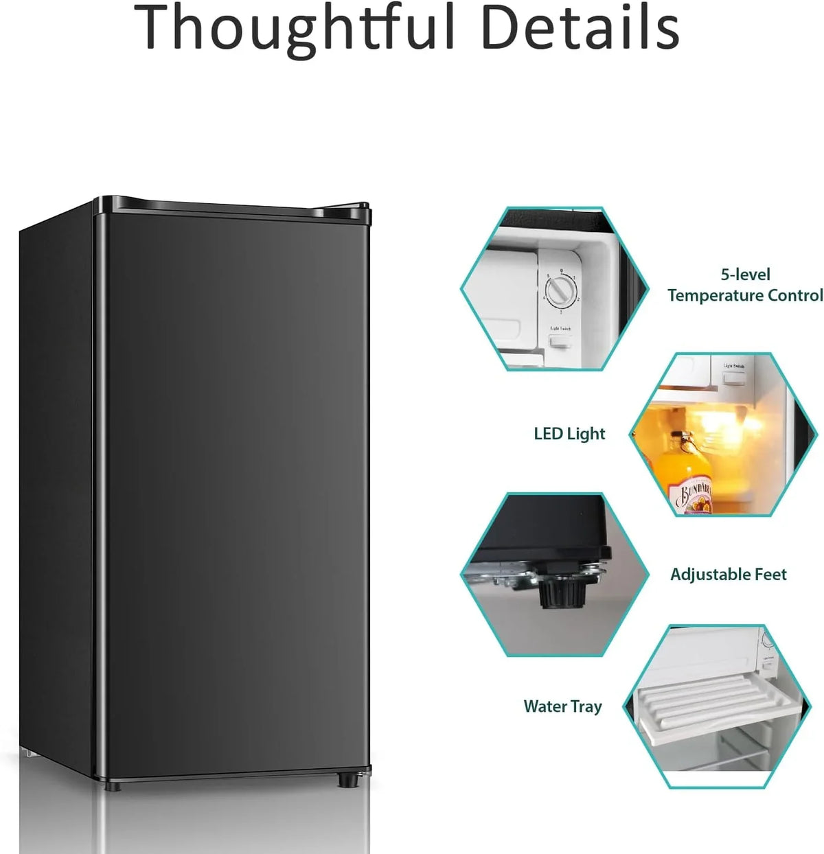 2026 NEW Seaoola Mini Fridge with Freezer, Single Door 4.4 Cu.Ft, Compact Mini Refrigerator, LED Light, Adjustable Thermostat, Removable Glass Shelves, Small Refrigerator for Dorm/Office/Bedroom(Black)