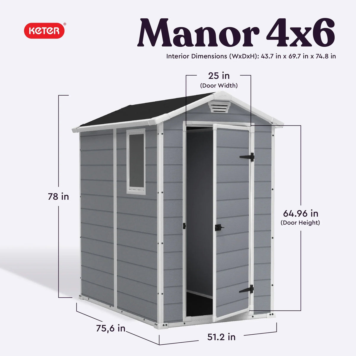 2026 NEW Keter 213413 Manor DD 6 X 8 Foot All Weather Outdoor Storage Shed, Grey