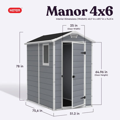 2026 NEW Keter 213413 Manor DD 6 X 8 Foot All Weather Outdoor Storage Shed, Grey
