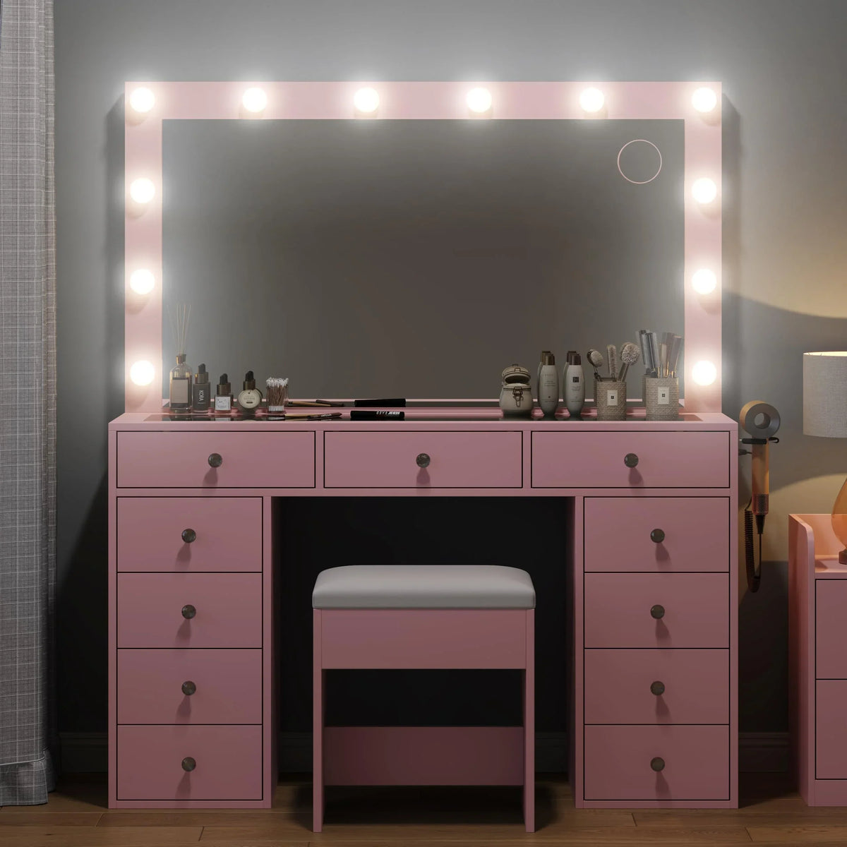 2026 NEW White Vanity Desk with Illuminated Mirror & Power Outlet, 11 Drawers Vanity Table with Chair, Makeup Vanity with 12 LED Lights, Tempered Glass Top, Dressing Table for Bedroom,Dressing Room