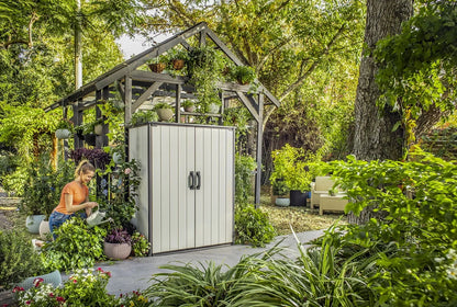 2026 NEW Keter Premier Tall Vertical Durable Resin Outdoor Storage Shed With Floor and Locking Double Doors, Grey