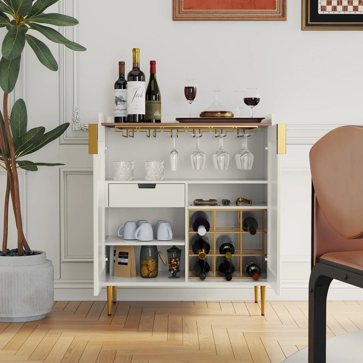 2026 NEW CBJCBJ 32" Wine Bar Cabinet with 2 Door Fluted Texture, Modern Coffee Cabinet with Rack&Glass Holder, Black