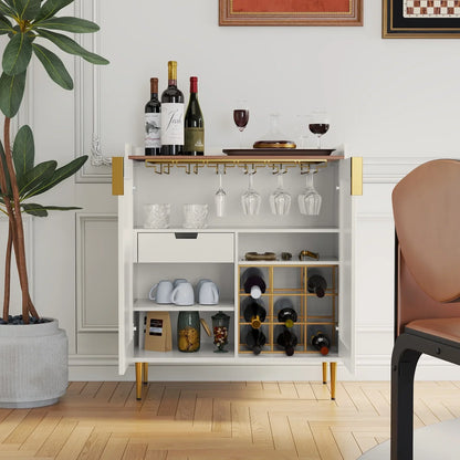 2026 NEW CBJCBJ 32" Wine Bar Cabinet with 2 Door Fluted Texture, Modern Coffee Cabinet with Rack&Glass Holder, Black