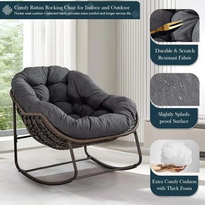 2026 NEW Outdoor Papasan Rocking Chair, Patio Oversized Wicker Egg Rocking Chair, Indoor & Outdoor Comfy Rocker Chair with Thick Cushion, Modern Lounge Chair for Front Porch, Garden, Backyard, Grey