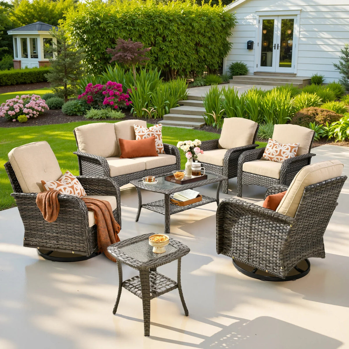 2026 NEW Ovios 5 Pieces Outdoor Patio Furniture Set High Back All Weather Wicker Conversation Set with Swivel Chairs & Coffee Table, Dark Gray