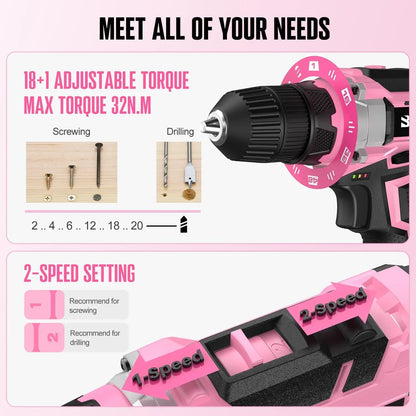 2026 NEW 20V 236Pcs Cordless Pink Drill Set - Essential Women's Pink Tool Set, Lady's Basic Home Tool Kit with Pink Tool Bag - All in One Pink Tool Kit Ideal