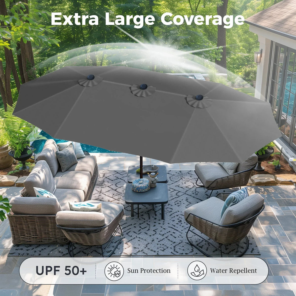 2026 NEW Alpha Joy 15ft Outdoor Patio Umbrella Extra-Large Double-Sided Garden Umbrella with Crank Handle and Base - Smoky Gray