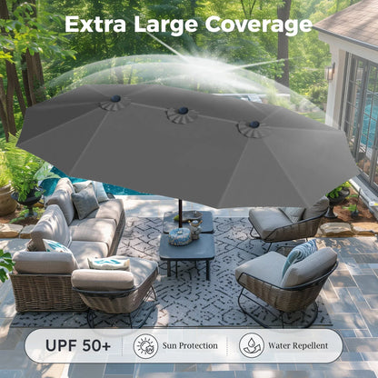 2026 NEW Alpha Joy 15ft Outdoor Patio Umbrella Extra-Large Double-Sided Garden Umbrella with Crank Handle and Base - Smoky Gray