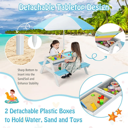2026 NEW Costway 3-in-1 Kids Picnic Table Wooden Outdoor Sand & Water Table with Umbrella Play Boxes Green