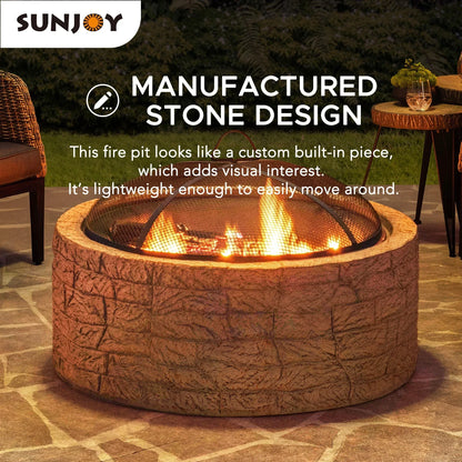 2026 NEW Sunjoy Stone Fire Pit 26 Inch, Outdoor Round Wood Burning Fire Pits with Spark Screen and Poker Grey