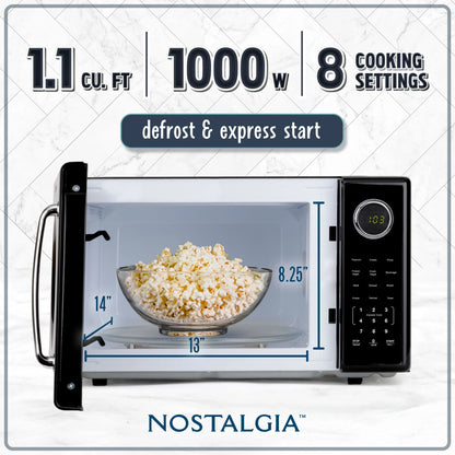 2026 NEW Nostalgia Retro Microwave Oven - 1.1 Cu Ft & 1000-Watt Countertop Size with Glass Turntable, Child Safety Lock, 8 Auto-Cook Programs & Digital Clock - Black